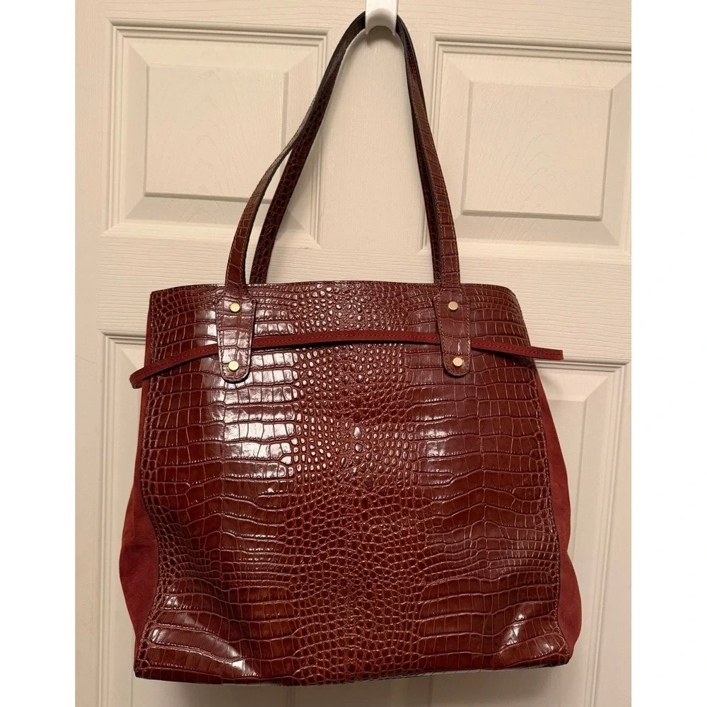 J. McLaughlin Crocodile‎ Embossed Leather and Suede with Tassel Tote in Brick